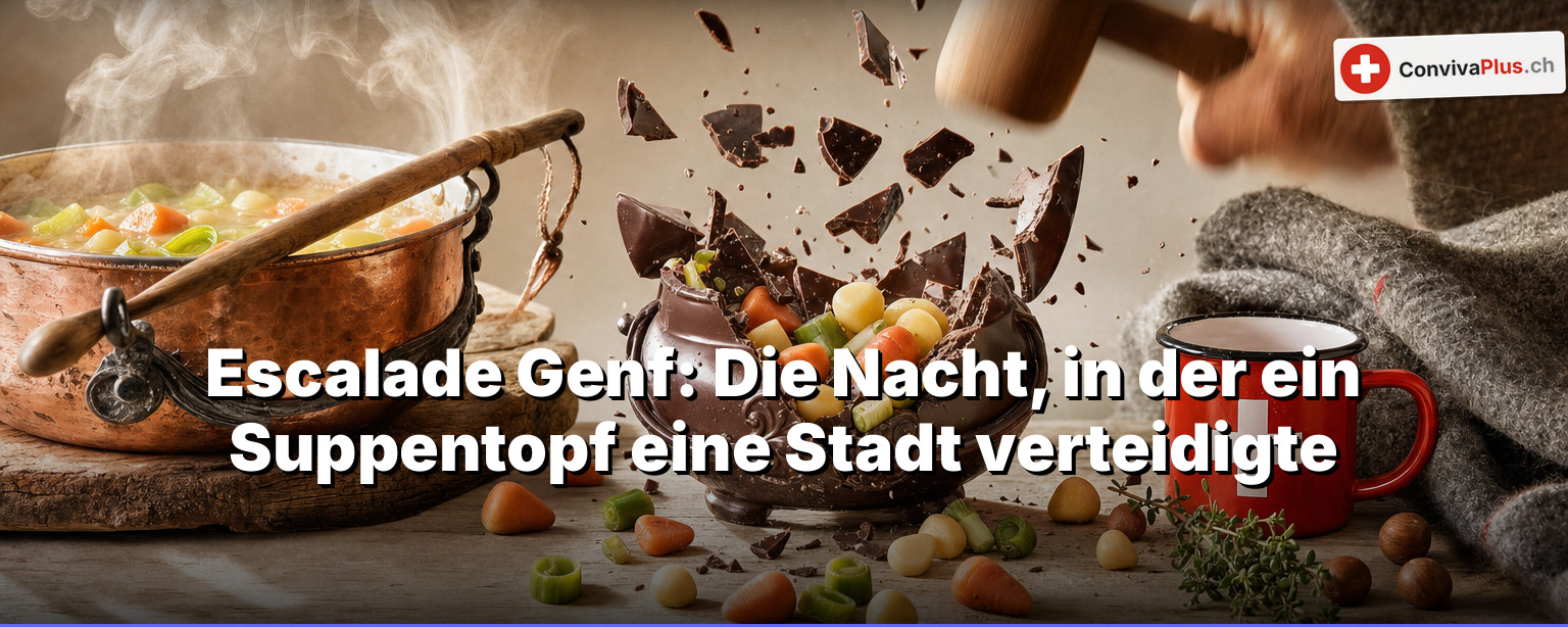 Fête de l'Escalade in der Genfer Altstadt: Fackelträger und kostümierte Pikeniere vor der Kathedrale Saint-Pierre, Schokoladen-Marmite mit Genfer Wappen im Vordergrund
