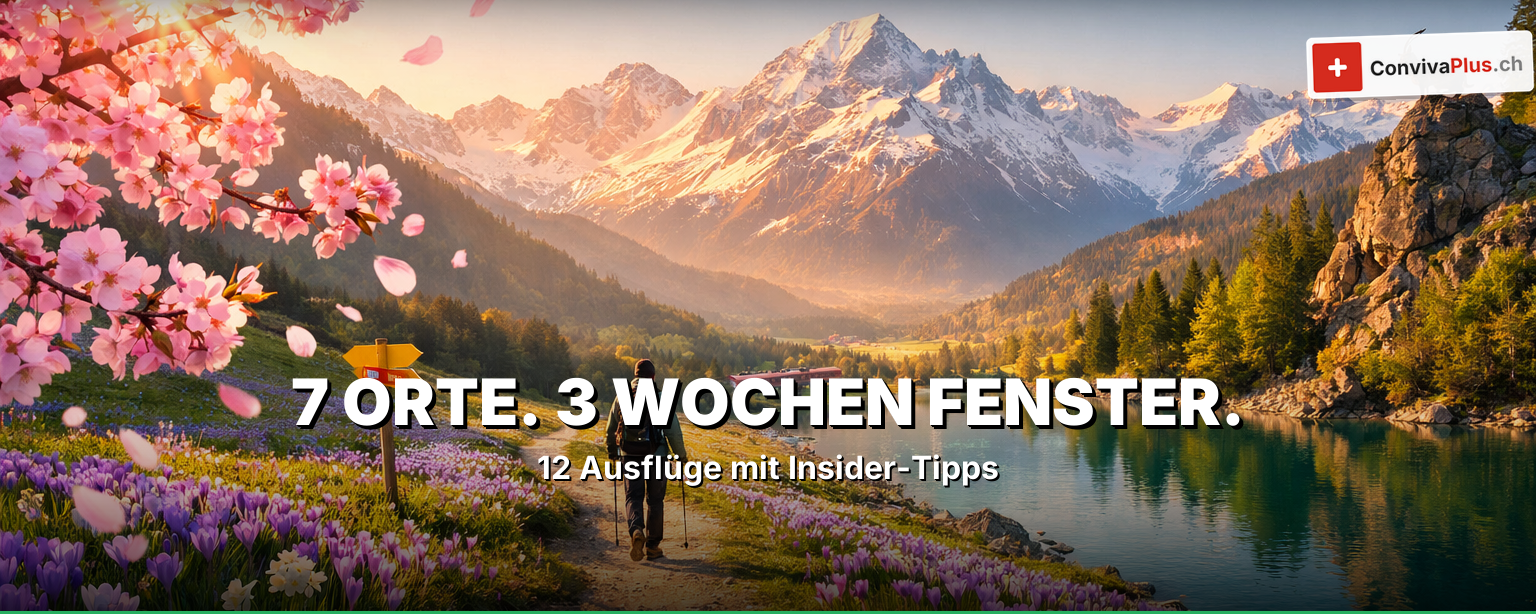 Frühlings-Ausflüge Schweiz: Kirschblüten in Zürich, Krokusblüte im Emmental, Narzissenfelder bei Montreux und Wasserfälle der Schneeschmelze — die 12 besten Ausflugsziele im Frühling 2026