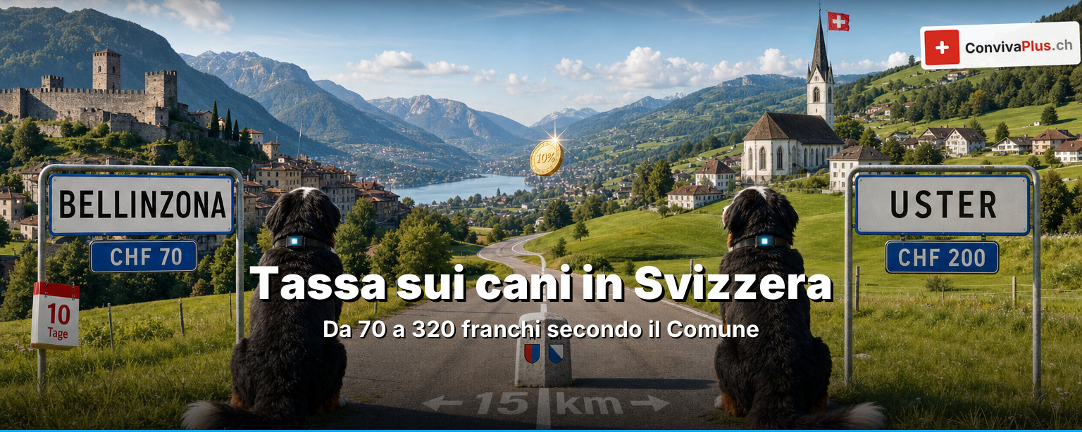 Tassa sui cani in Svizzera 2026: confronto dei Comuni da 70 franchi a Bellinzona a 200 franchi a Uster, con cane, banconote in franchi e confini comunali svizzeri