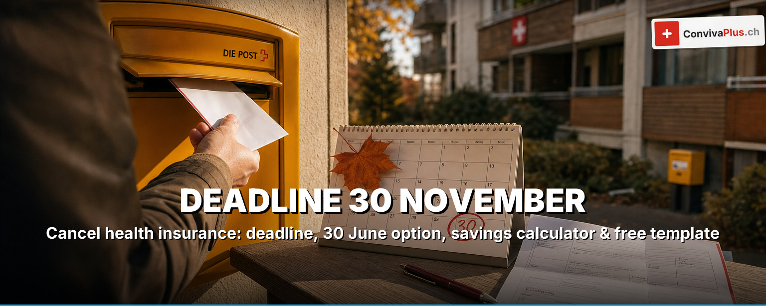 Cancellation letter for Swiss health insurance with calendar, 30 November deadline marked, premium comparison and registered-mail receipt, template and KVG cancellation right 2026