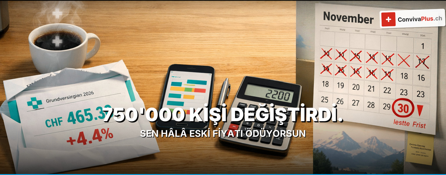 Sağlık sigortası değiştirme İsviçre 2026: prim artışı %4.4, CHF 393.30 ortalama prim, CHF 2'200 tasarruf potansiyeli, 30 Kasım son tarih