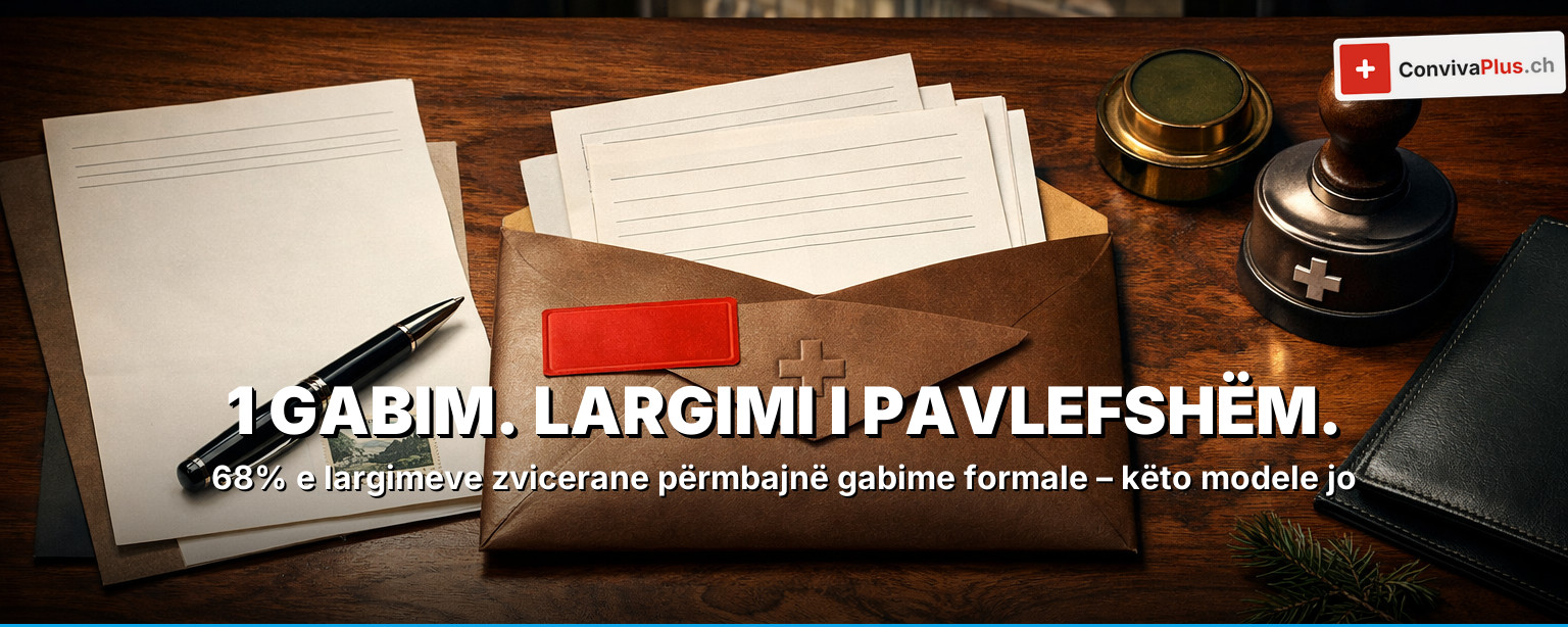 Letër largimi zvicerane me zarf, vulë dërgese të regjistruar dhe lloje të ndryshme kontratash – banesë, punë, sigurim