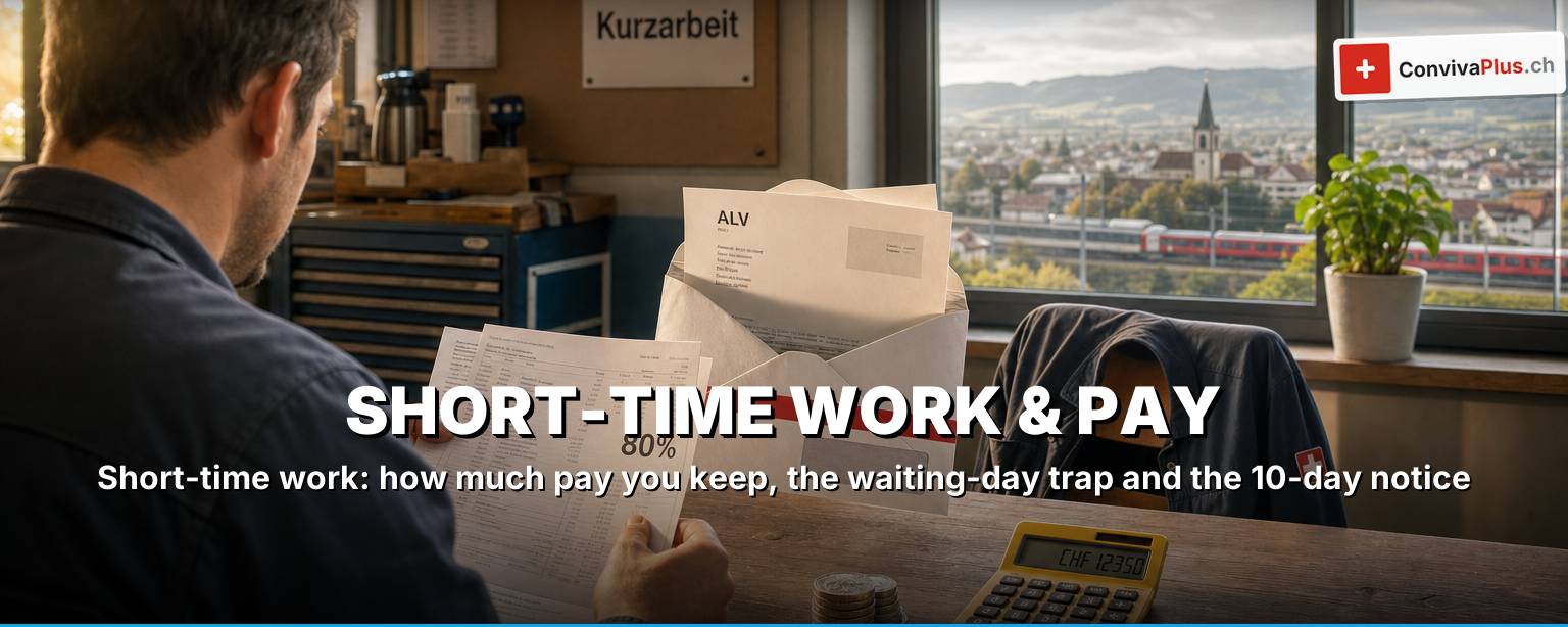 Swiss short-time work explained: calculator, payslip and franc notes showing the salary loss, the UI's 80% compensation and the remaining gap