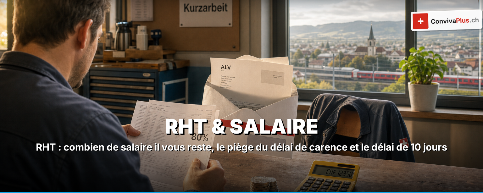 RHT suisse expliquée : calculatrice, fiche de salaire et billets en francs avec la perte de salaire, l'indemnité RHT de 80% de l'AC et le manque à gagner restant