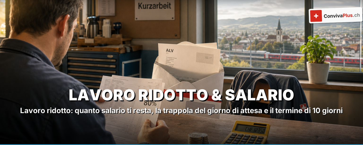 Lavoro ridotto svizzero spiegato: calcolatrice, busta paga e banconote in franchi con la perdita di salario, l'indennità dell'80% dell'AD e la lacuna rimanente