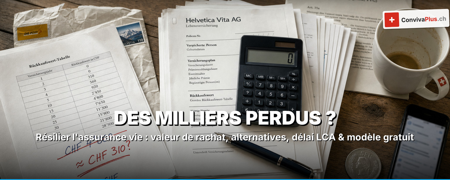 Police d'assurance vie avec calculatrice, tableau de valeur de rachat et lettre de résiliation, modèle, alternatives et droit de résiliation LCA 2026 en Suisse