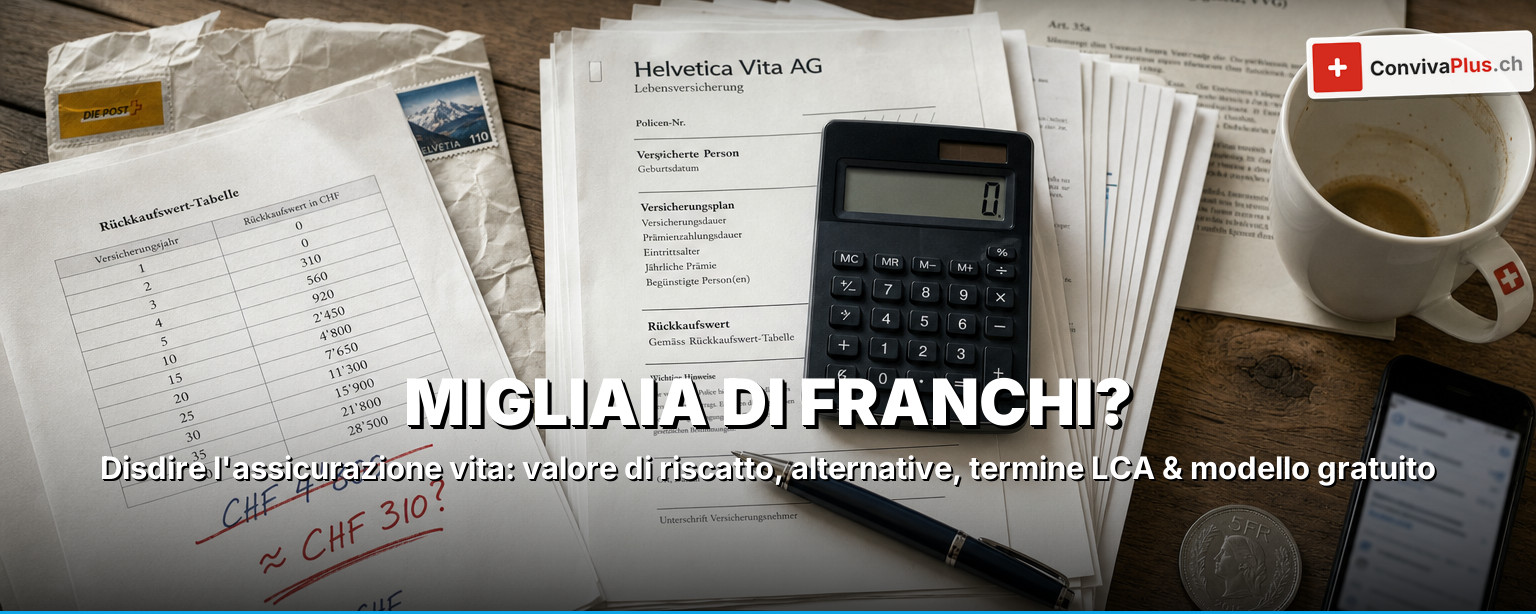 Polizza di assicurazione vita con calcolatrice, tabella del valore di riscatto e lettera di disdetta, modello, alternative e diritto di disdetta LCA 2026 in Svizzera