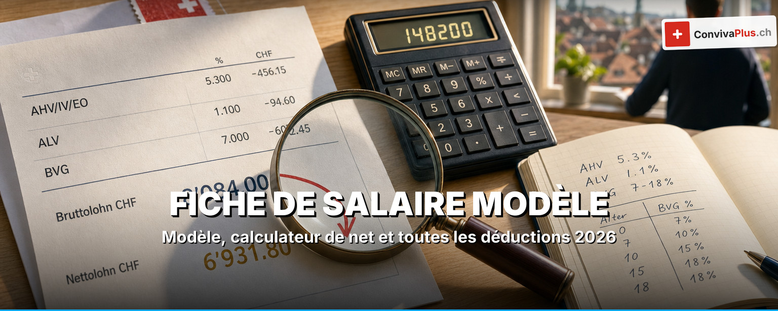 Fiche de salaire suisse comme modèle avec calculatrice, certificat de salaire et billets en francs, répartition du salaire brut, AVS, AC, LPP et AANP jusqu'au salaire net