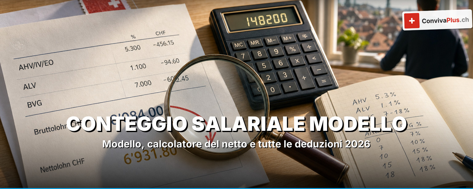 Conteggio salariale svizzero come modello con calcolatrice, certificato di salario e banconote in franchi, suddivisione del salario lordo, AVS, AD, LPP e AINP fino al netto