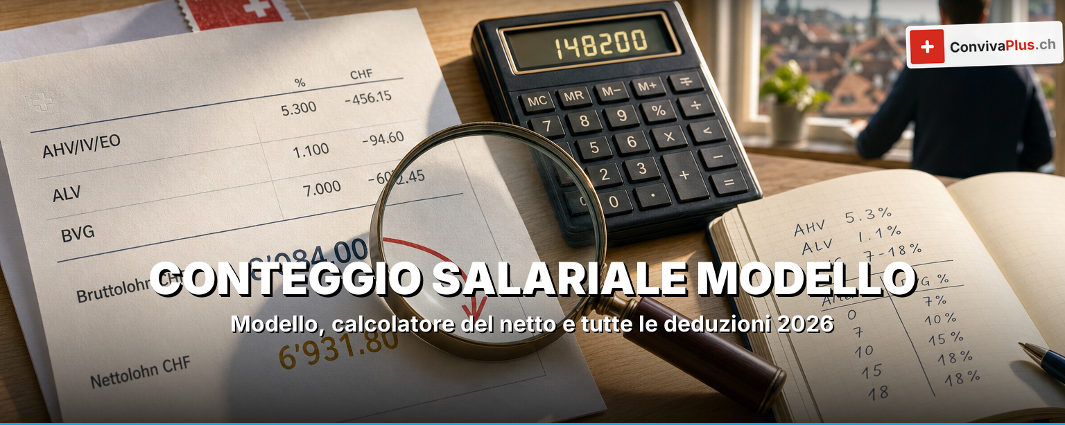 Conteggio salariale svizzero come modello con calcolatrice, certificato di salario e banconote in franchi, suddivisione del salario lordo, AVS, AD, LPP e AINP fino al netto