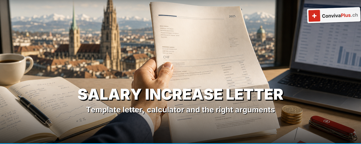 Template letter for a salary increase on the desk with notes on arguments, market-salary comparison and a franc symbol, preparing for the salary talk in Switzerland