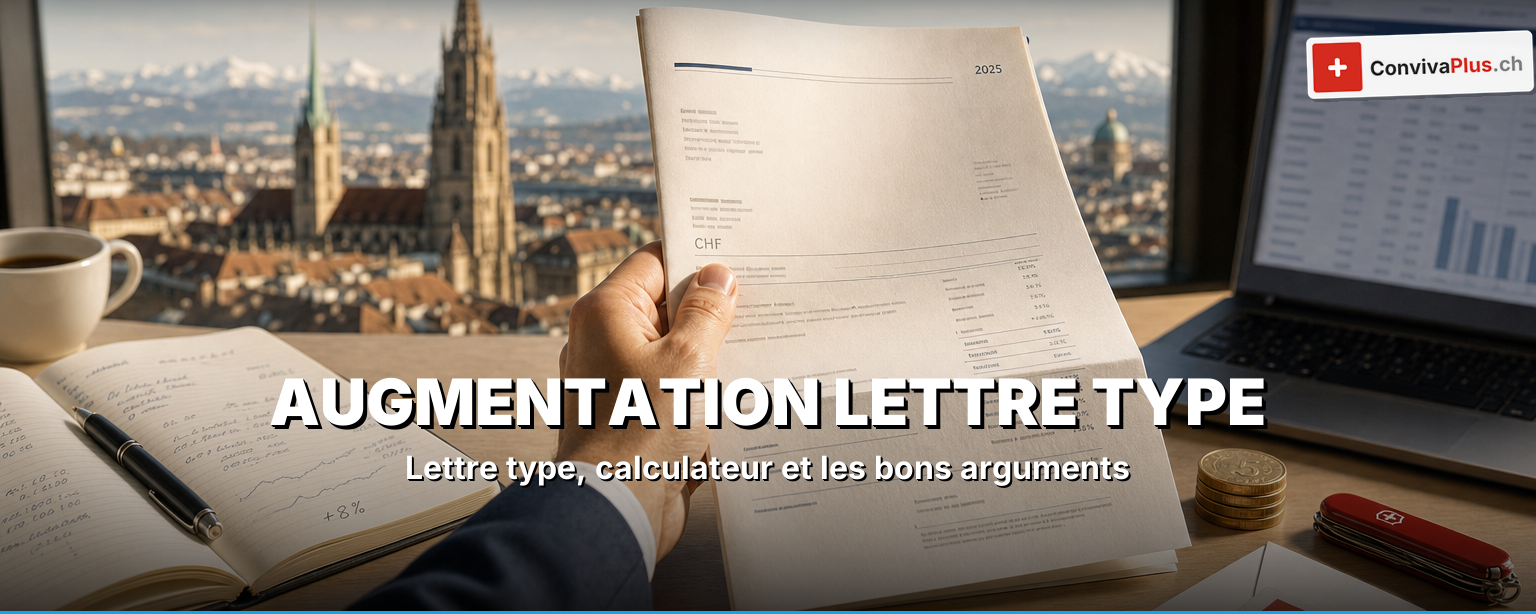Lettre type pour une augmentation de salaire sur le bureau avec des notes sur les arguments, comparatif de salaire de marché et symbole du franc, préparation de l'entretien salarial en Suisse