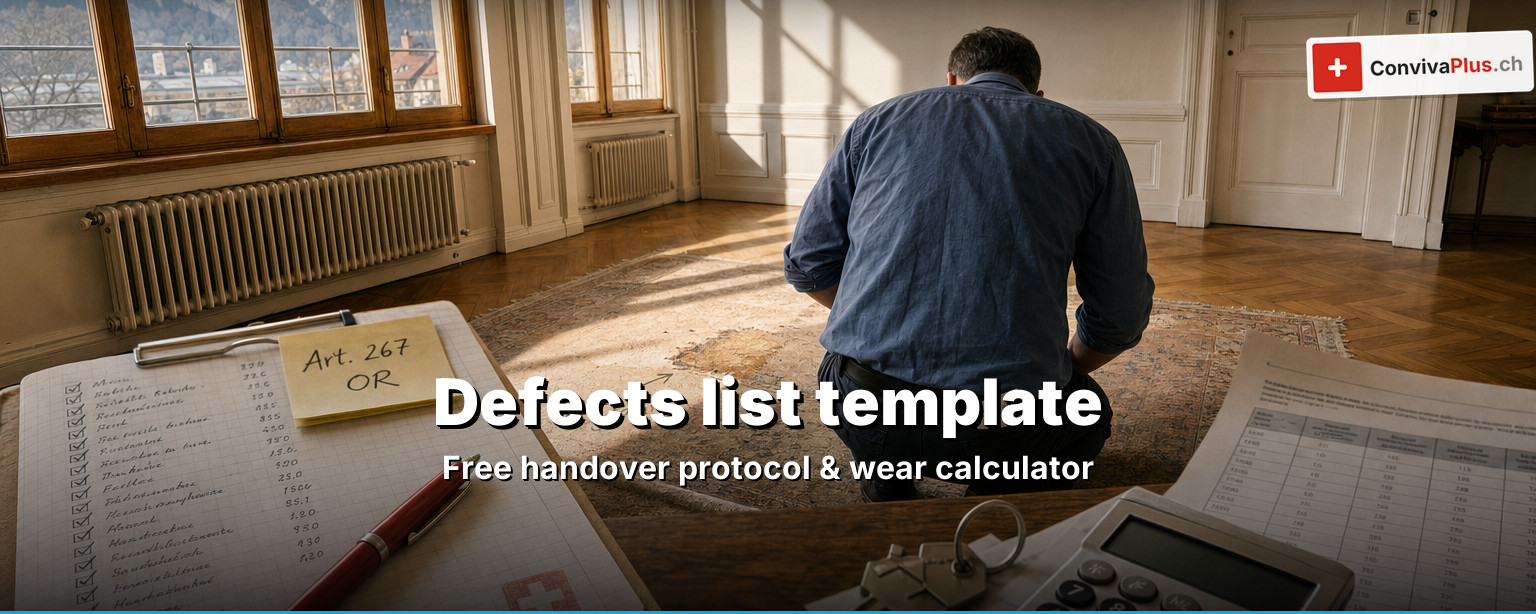 Defects list Switzerland: filled-in apartment handover protocol with clipboard, key, calculator and pen