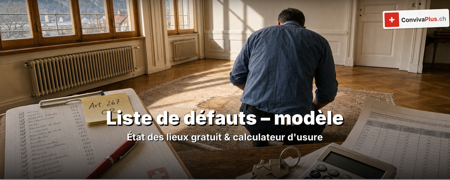 Liste de défauts Suisse : état des lieux de logement rempli avec presse-papiers, clé, calculatrice et stylo