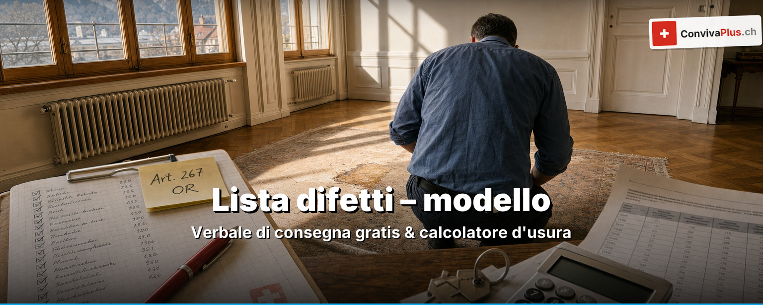 Lista difetti Svizzera: verbale di consegna dell'abitazione compilato con appunti, chiave, calcolatrice e penna