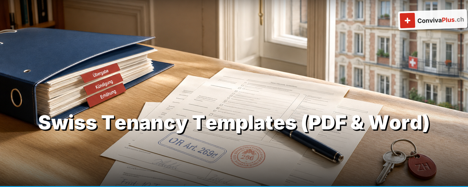 Swiss tenancy templates: desk with filled-in tenancy forms, apartment key, Code of Obligations and a pen, symbolising sublease, handover protocol and termination