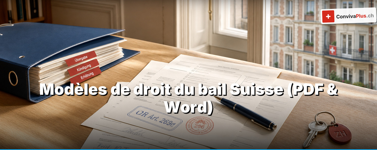 Modèles de droit du bail Suisse : bureau avec formulaires de bail remplis, clé de logement, code des obligations et stylo, symbole de la sous-location, de l'état des lieux et de la résiliation
