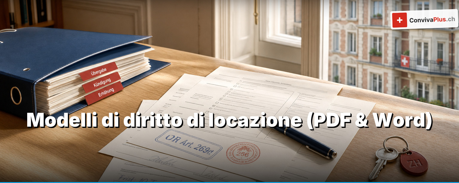 Modelli di diritto di locazione Svizzera: scrivania con moduli di locazione compilati, chiave dell'appartamento, Codice delle obbligazioni e penna, simbolo di subaffitto, verbale di consegna e disdetta