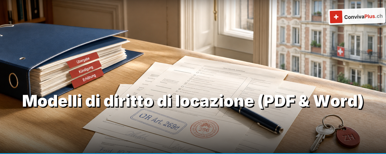 Modelli di diritto di locazione Svizzera: scrivania con moduli di locazione compilati, chiave dell'appartamento, Codice delle obbligazioni e penna, simbolo di subaffitto, verbale di consegna e disdetta
