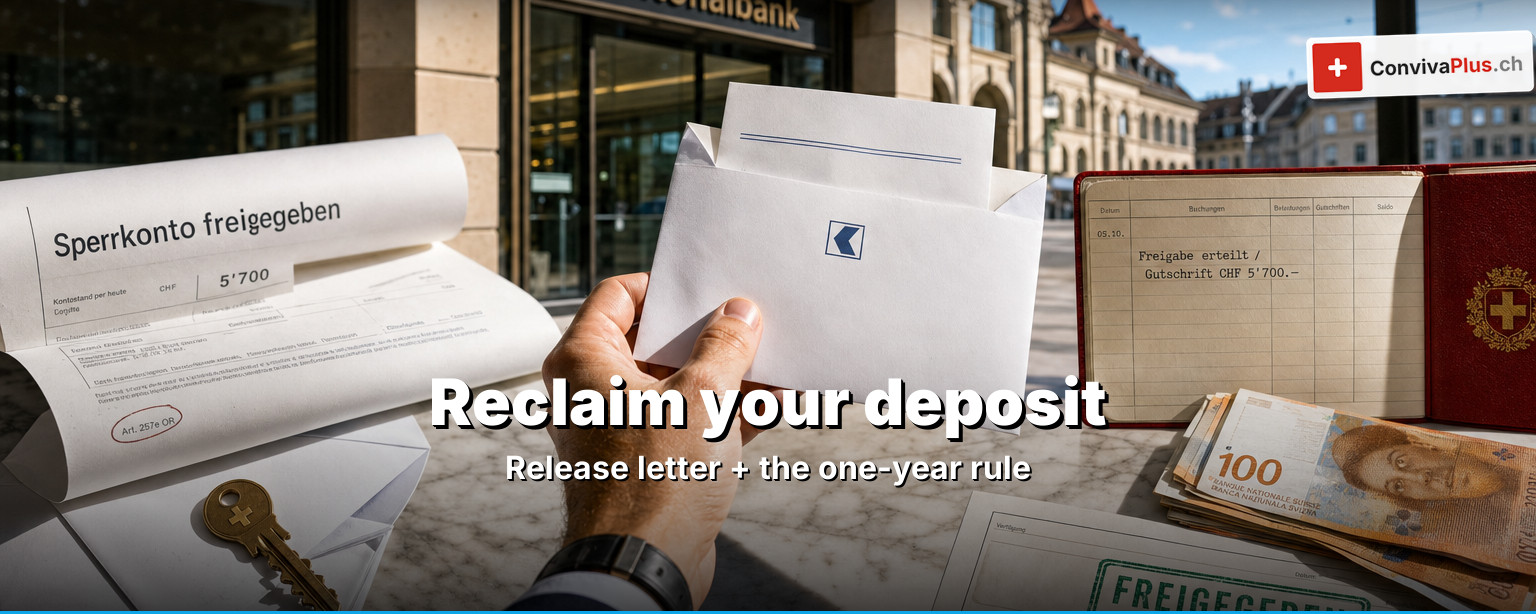 Reclaiming a rental deposit in Switzerland: deposit account statement, release form, handover protocol, keys and Swiss franc notes symbolising the refund of the deposit under Art. 257e CO