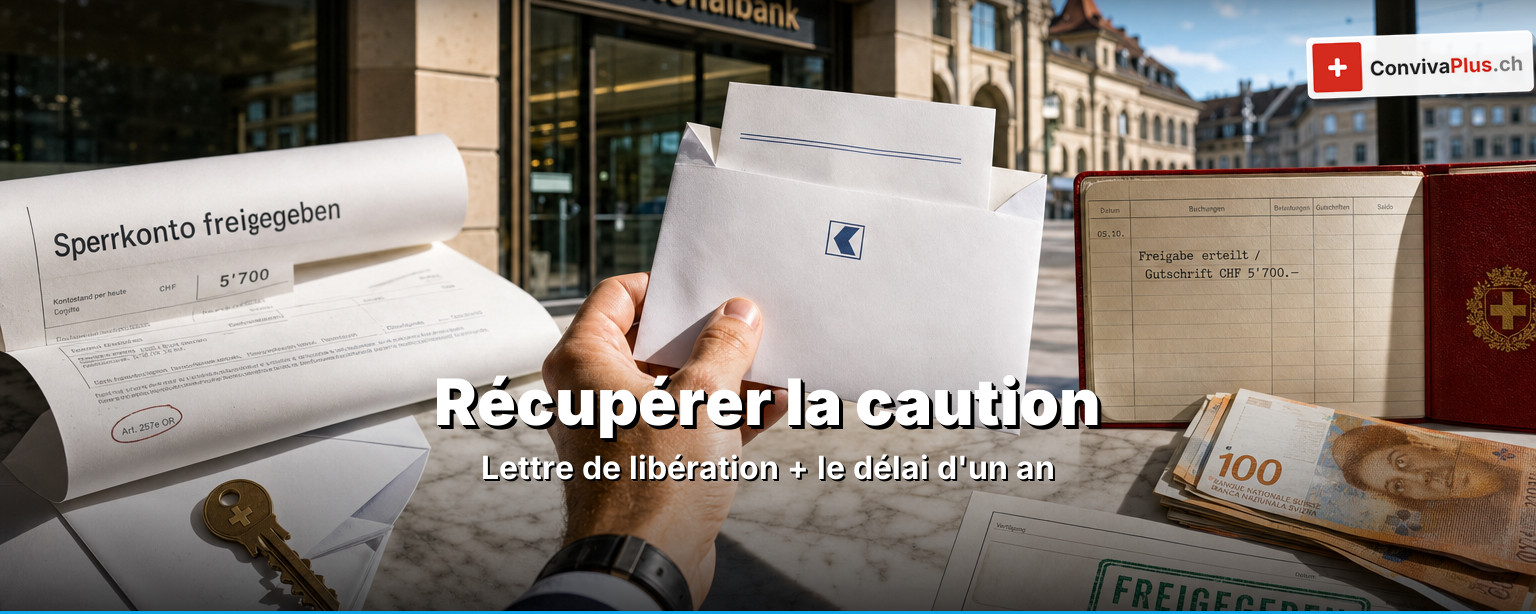 Récupérer la caution de loyer en Suisse: relevé du compte de garantie, formulaire de libération, état des lieux de sortie, clés et billets en francs symbolisant le remboursement du dépôt selon l'art. 257e CO