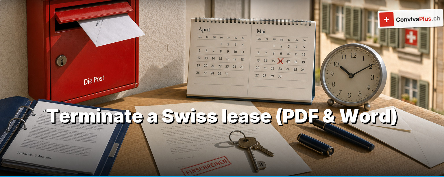 Terminate a Swiss lease: signed termination letter with registered-post receipt, apartment key, calendar and pen on a wooden table