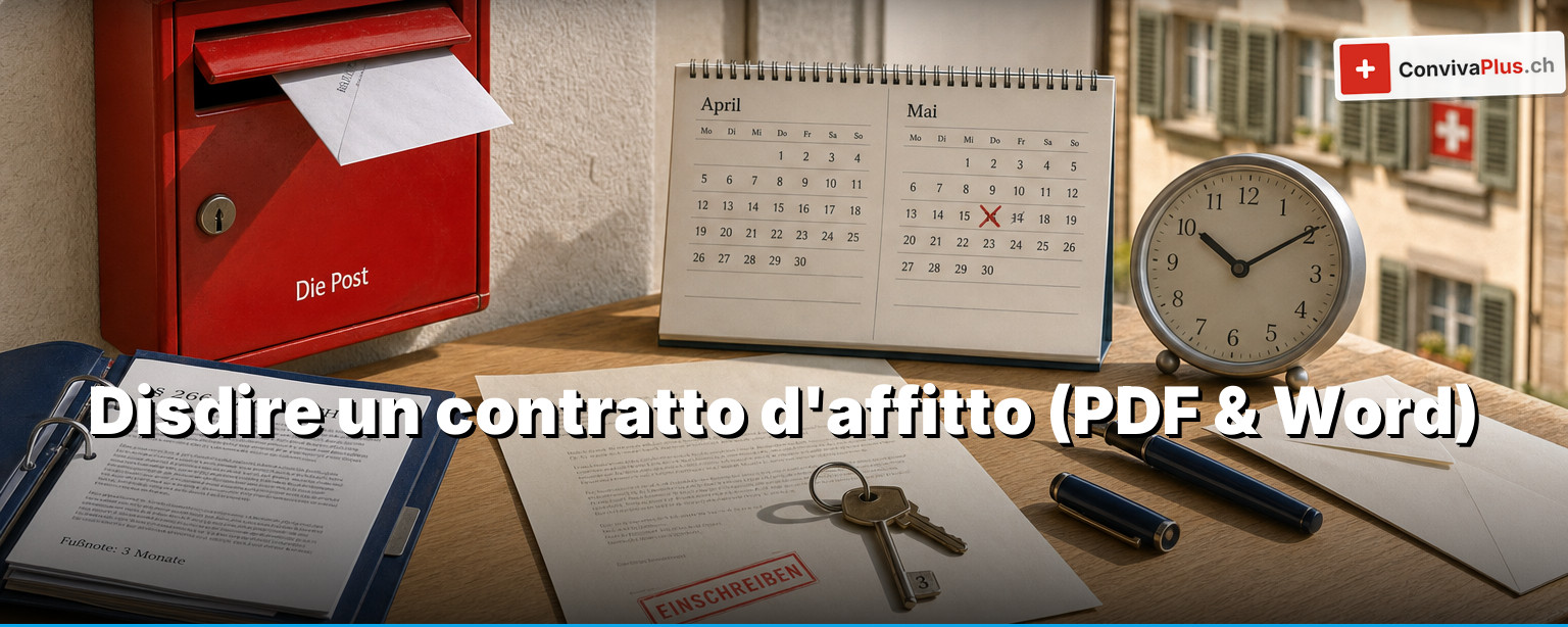 Disdire un contratto d'affitto Svizzera: lettera di disdetta firmata con ricevuta della raccomandata, chiave dell'appartamento, calendario e penna su un tavolo di legno