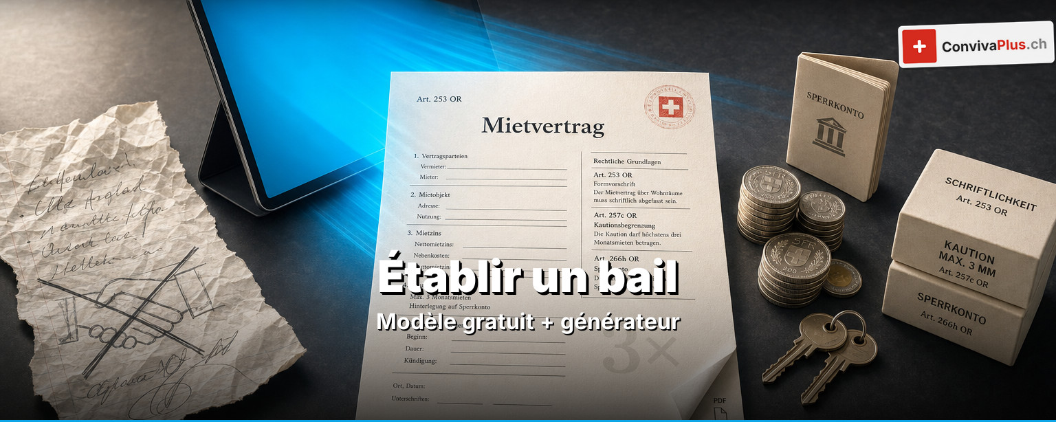Établir un bail en Suisse : contrat de bail d'habitation signé avec deux stylos, clés d'appartement et calculatrice sur une table en bois clair