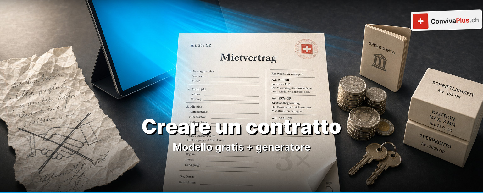 Creare un contratto di locazione in Svizzera: contratto d'abitazione firmato con due penne, chiavi dell'appartamento e calcolatrice su un tavolo di legno chiaro
