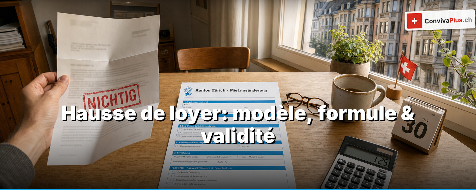 Vérifier une hausse de loyer en Suisse: formule officielle cantonale de hausse de loyer, calculatrice, courbe du taux de référence en hausse et billets en francs comme symbole du contrôle de validité selon l'art. 269d CO