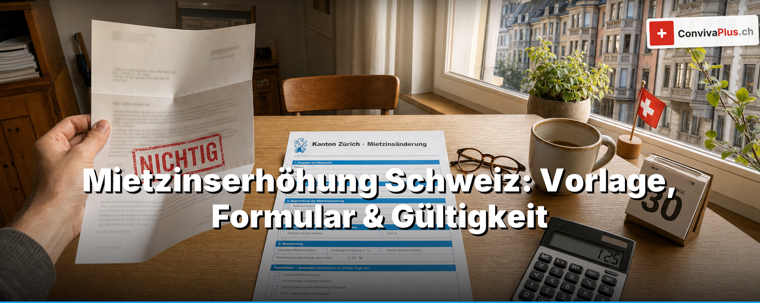 Mietzinserhöhung in der Schweiz prüfen: amtliches kantonales Formular für die Mietzinserhöhung, Taschenrechner, steigende Referenzzins-Kurve und Franken-Noten als Symbol für die Gültigkeitsprüfung nach Art. 269d OR