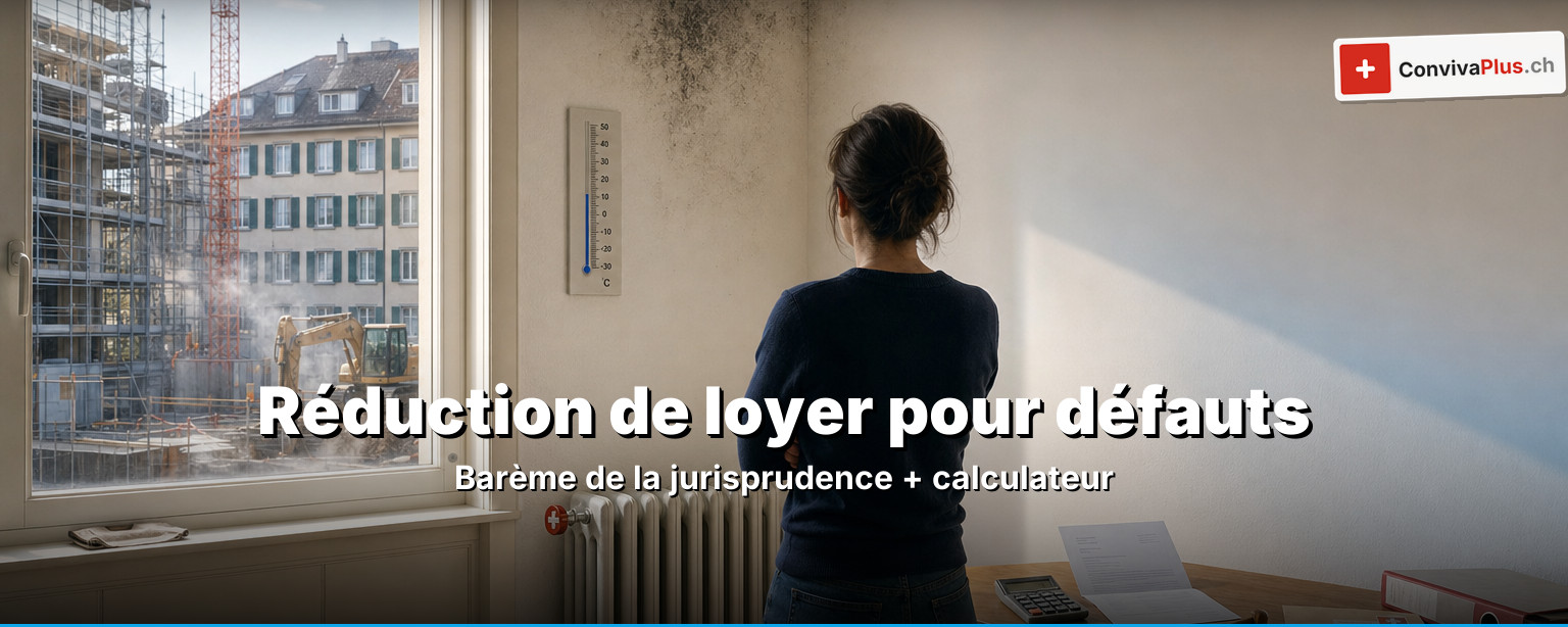 Réduction de loyer pour défauts en Suisse : moisissures sur le mur, calculatrice et modèle de lettre symbolisant la réduction du loyer selon l'art. 259d CO