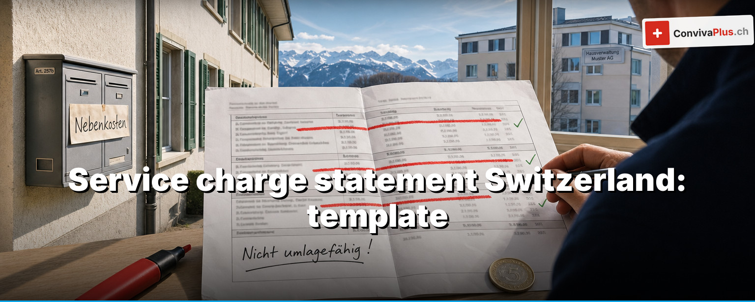 Service charge statement Switzerland: completed template with heating, water and caretaker items, calculator, advance payments and Swiss franc notes