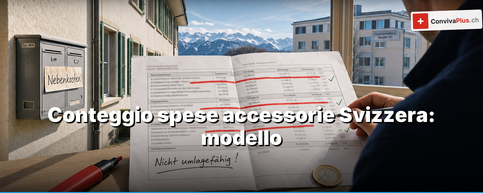 Conteggio spese accessorie Svizzera: modello compilato con voci riscaldamento, acqua e portineria, calcolatrice, acconti e banconote in franchi