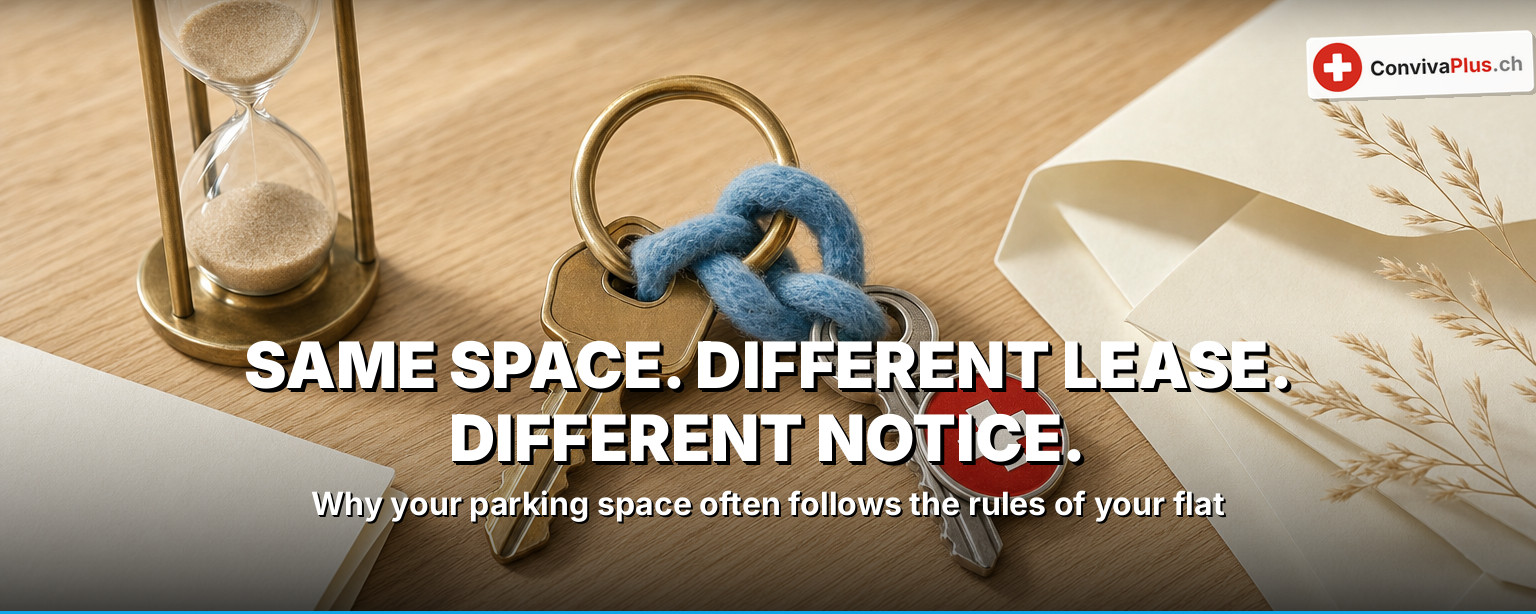Terminating a parking space: key ring tied with a blue cord, hourglass and envelope, symbolising the notice period and the letter