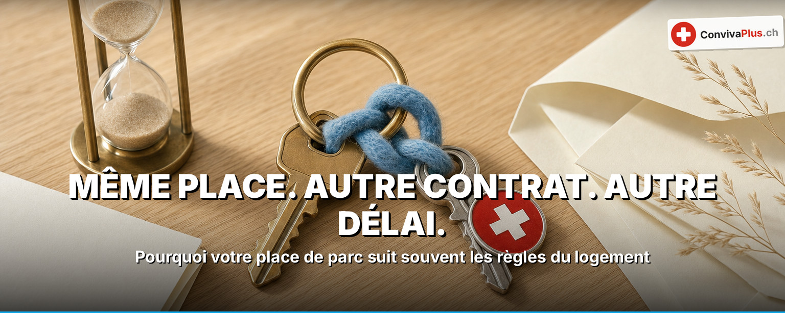 Résilier une place de parc : trousseau de clés noué d'un ruban bleu, sablier et enveloppe, symbole du délai et de la lettre de résiliation