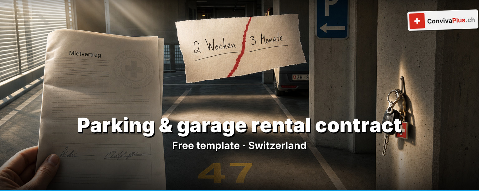 Parking rental contract Switzerland: filled-in template with signatures, car key, garage door and calculator