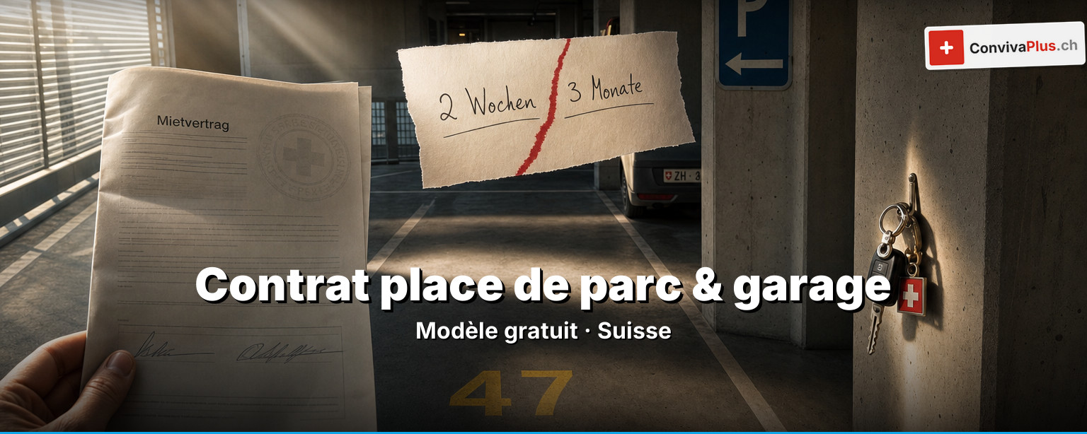 Contrat de place de parc Suisse : modèle rempli avec signatures, clé de voiture, porte de garage et calculatrice