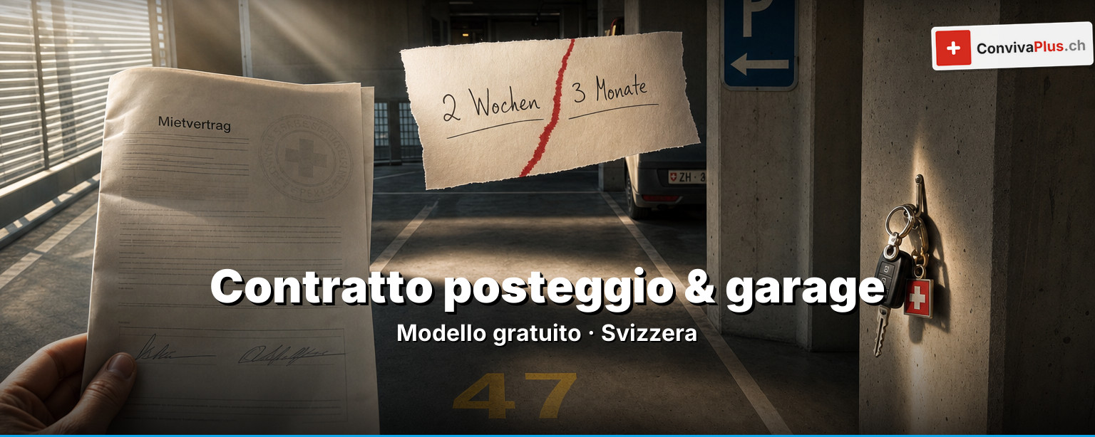 Contratto di posteggio Svizzera: modello compilato con firme, chiave dell'auto, porta del garage e calcolatrice