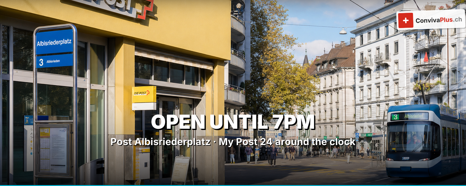 Post office at Albisriederplatz Zurich (Sihlfeld branch), Albisriederstrasse 5, with My Post 24 machine – opening hours until 7pm, trams 2 and 3 at the door