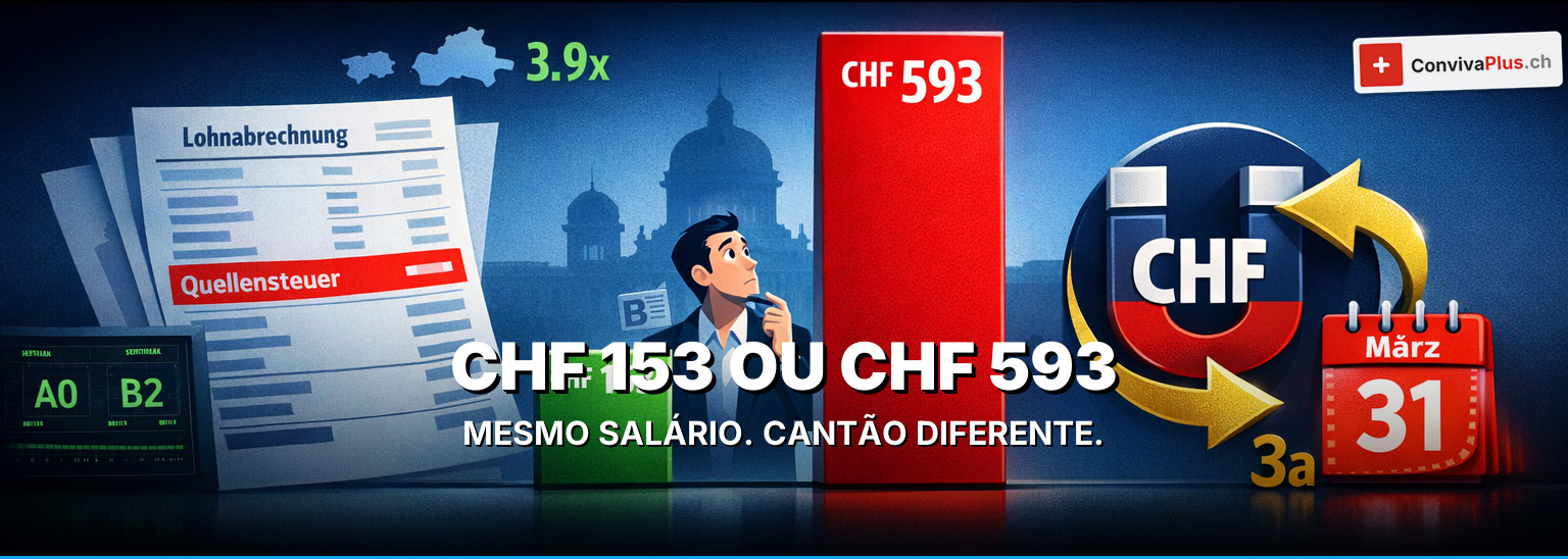 Imposto na fonte Suíça 2026: CHF 153 ou CHF 593 – mesmo salário, outro cantão