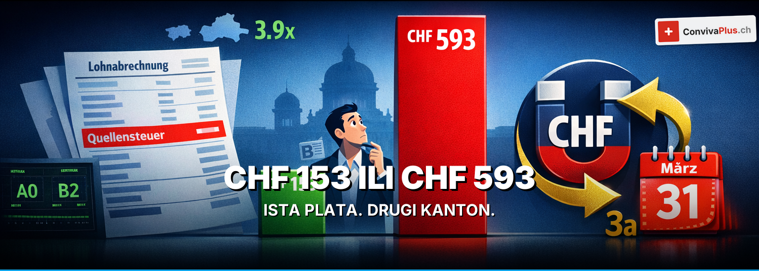 Porez po odbitku Švajcarska 2026 – kantonalno poređenje sa faktorom 3.9× između Cuga (CHF 153) i Nešatela (CHF 593)