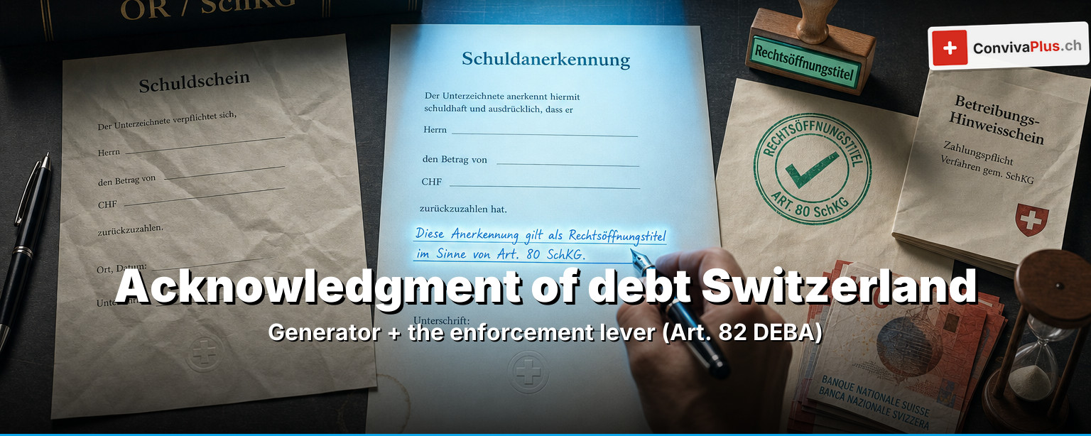 Acknowledgment of debt Switzerland: completed document with signature, banknotes, stamp and the CO and DEBA statute books