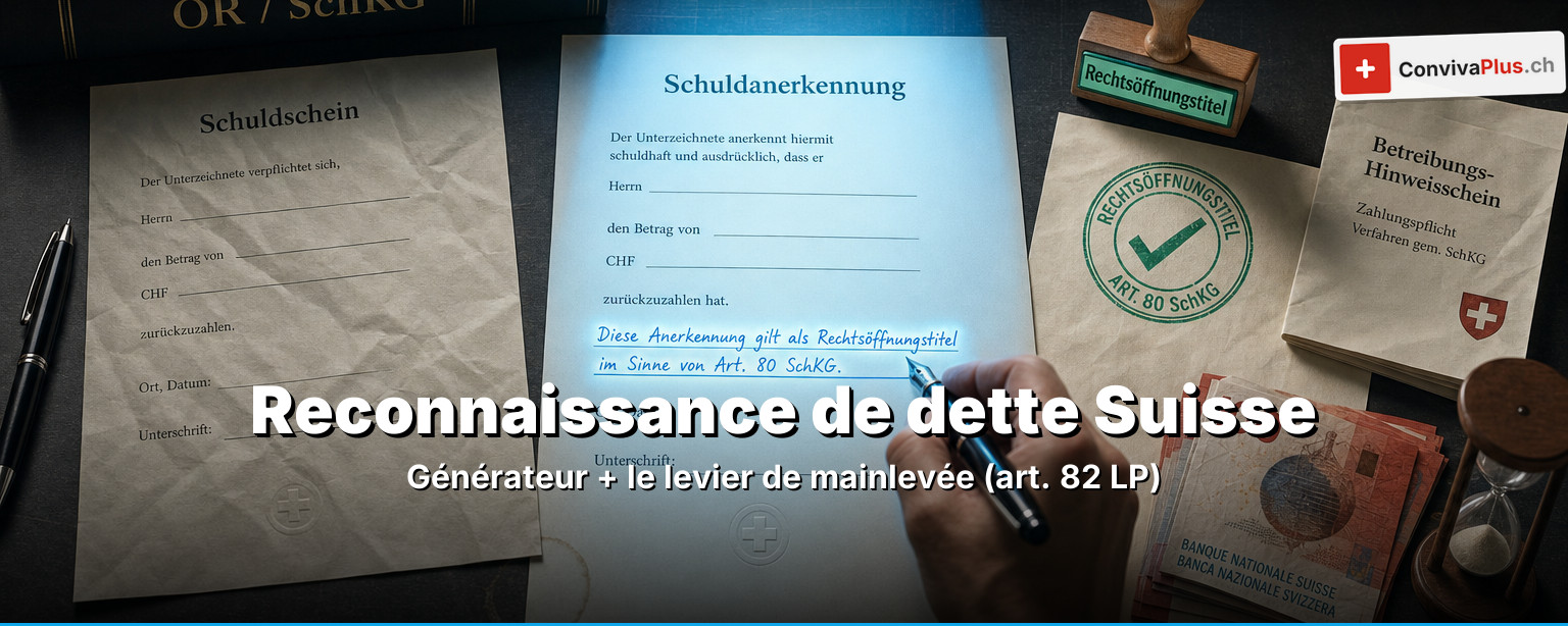 Reconnaissance de dette Suisse : document rempli avec signature, billets, tampon et codes CO et LP
