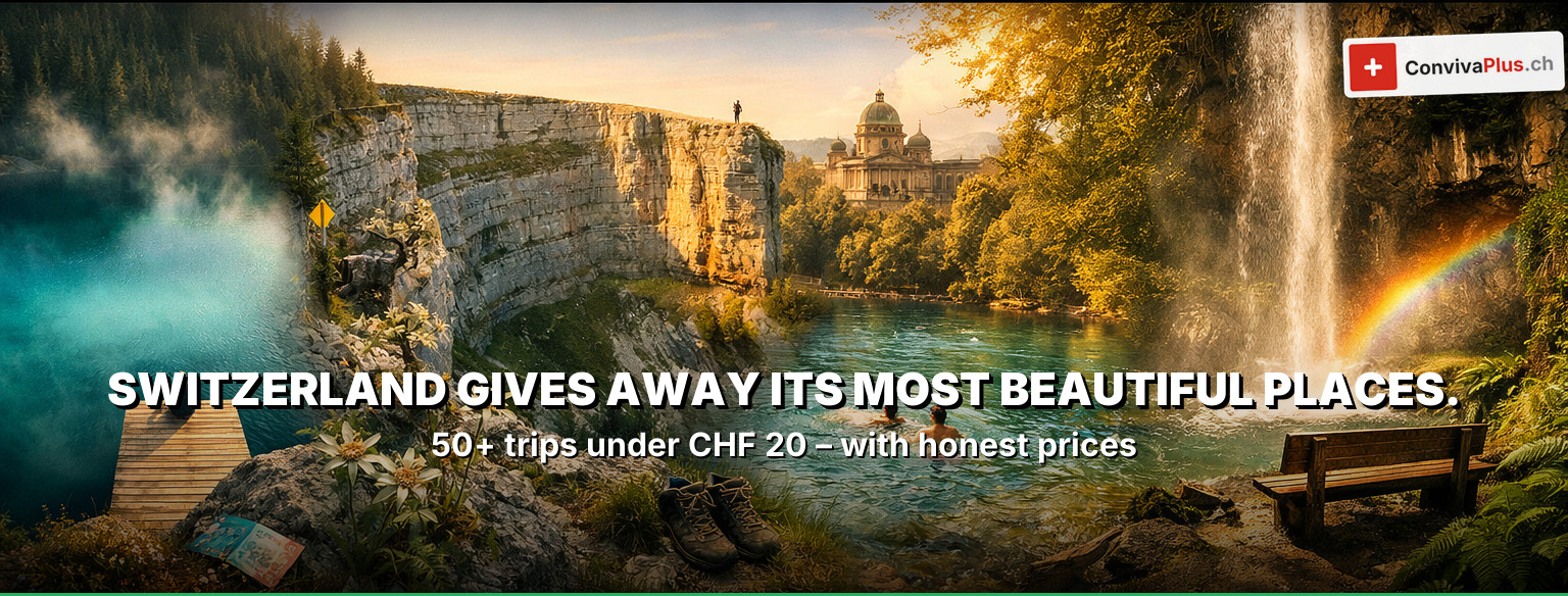 4 spectacular Swiss day trip destinations under 20 francs: Caumasee with turquoise water, Rhine Falls at Schaffhausen, Creux du Van natural arena and river swimming in the Aare in Bern