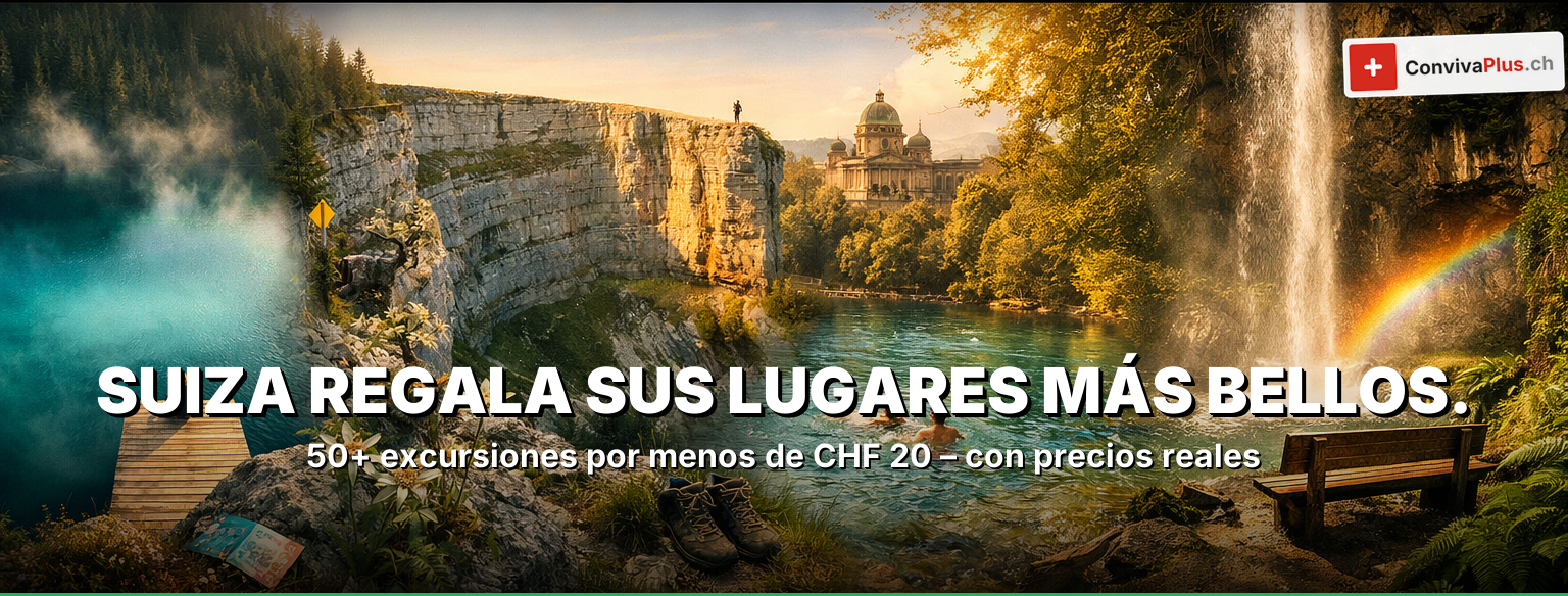 4 destinos espectaculares en Suiza por menos de 20 francos: Caumasee con aguas turquesas, cataratas del Rin en Schaffhausen, arena natural del Creux du Van y baño en el Aare en Berna