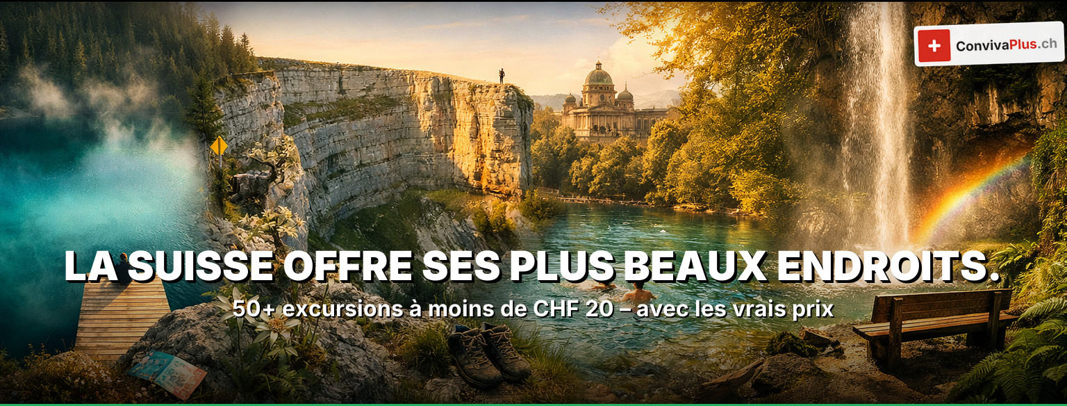 4 destinations spectaculaires en Suisse à moins de 20 francs : Caumasee aux eaux turquoise, chutes du Rhin à Schaffhouse, arène naturelle du Creux du Van et baignade dans l'Aar à Berne