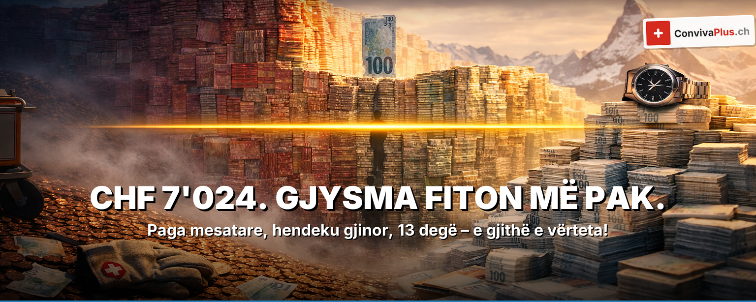 Kartëmonedha zvicerane (CHF 20, 50, 100) si shkallë ngjitëse në tavolinë arrë, llogaritëse që tregon 7024 (paga mesatare), panorama e Cyrihut në perëndim – Pagat zvicerane 2026