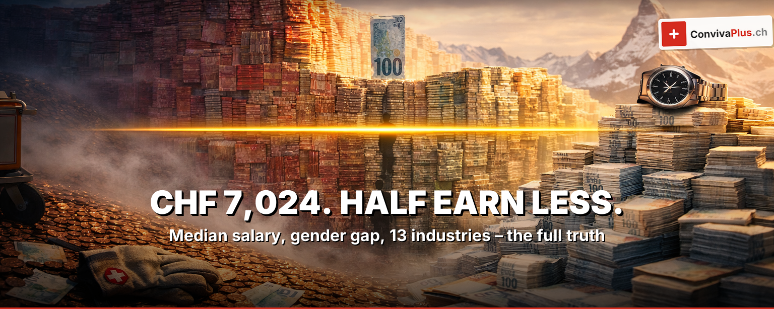 Swiss banknotes (CHF 20, 50, 100) as ascending staircase on walnut desk, calculator showing 7024 (median wage), Zurich skyline at sunset – Swiss Salaries 2026