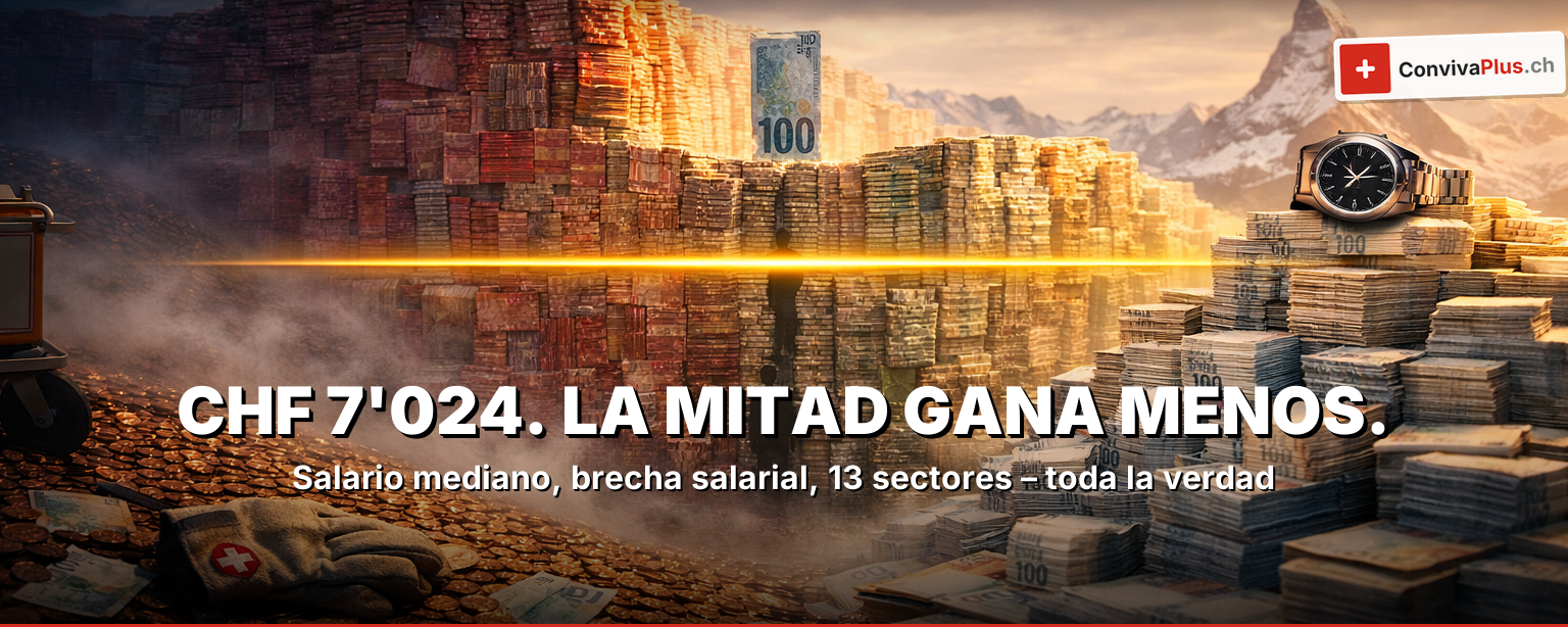Billetes suizos (CHF 20, 50, 100) como escalera ascendente en escritorio de nogal, calculadora mostrando 7024 (salario mediano), skyline de Zúrich al atardecer – Salarios suizos 2026